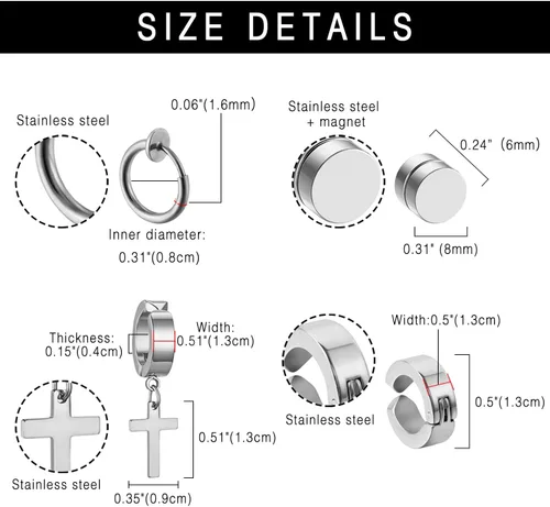 Vista 3 de OIDEA 12/14/15/18 pares de aretes para hombre: aretes de acero inoxidable para hombre, juego de aretes de aro colgantes con cruz, regalo de joyería