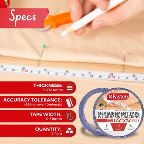 Vista 2 de XFasten Cinta métrica con parte trasera adhesiva, 0.5 pulgadas x 12 pies (paquete de 2) Cinta métrica de izquierda a derecha para banco de trabajo