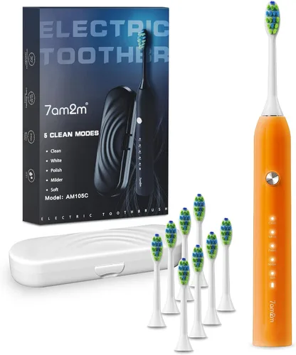 Vista 9 de 7AM2M Cepillo de dientes eléctrico sónico para adultos y niños, con 8 cabezales de cepillo y estuche de viaje, 5 modos con temporizador inteligente