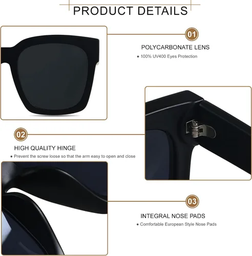 Vista 3 de ANDWOOD Lentes de sol de gran tamaño para mujer, marco ancho cuadrado, retro, moderno, protección UV