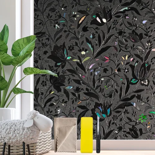 Vista 10 de Bloss Película decorativa de privacidad para ventana, diseño floral, no adhesiva, bloqueo de calor, película de vidrio para baño, hogar, cocina