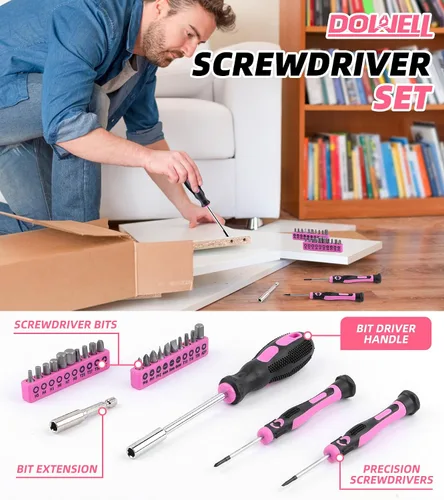 Vista 6 de DOWELL Kit de herramientas rosa de 140 piezas para mujeres, niñas, damas, juego de herramientas para el hogar con bolsa de herramientas de 14