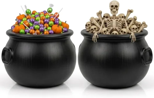 Vista 13 de PMU 2 piezas de caldero de Halloween – 10 pulgadas, 8 pulgadas, cuenco de caldero de plástico de bruja negro, para decoración de Halloween