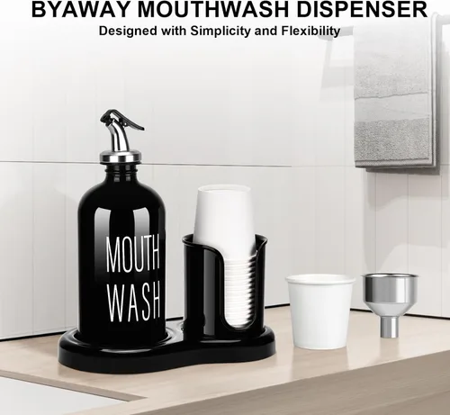 Vista 4 de Dispensador de Enjuague Bucal de Vidrio con Portavasos, BYAWAY Juego de Enjuague Bucal para Baño, Contenedor de Botella de Enjuague Bucal Recargable