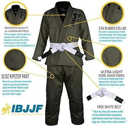 Vista 8 de Jiu Jitsu brasileño, para niños, Jiu Jitsu Gi Children BJJ Gi Grappling Kimonos, cinturón blanco ligero, Blanco
