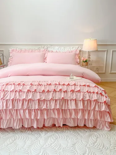 Vista 4 de MOOWOO Ropa de cama para niñas – Funda de edredón con volantes en cascada – 2 piezas Shabby Chic Color sólido suave y transpirable con cierre de Rosa