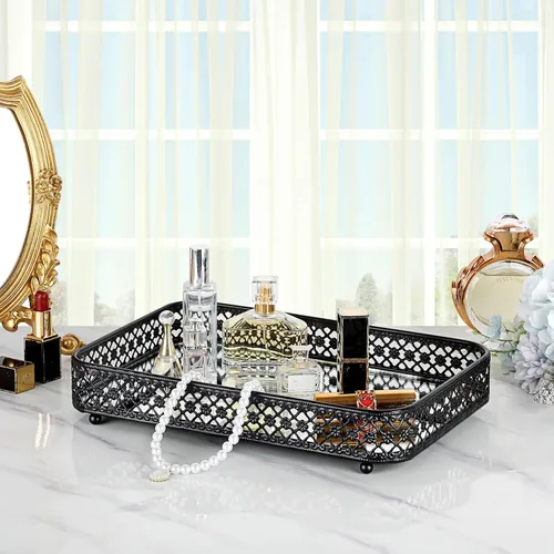 Vista 4 de ELLDOO - Bandeja negra para perfumes y maquillaje, bandeja de joyería con talla hueca, organizador de vidrio y metal para baratijas para cómoda