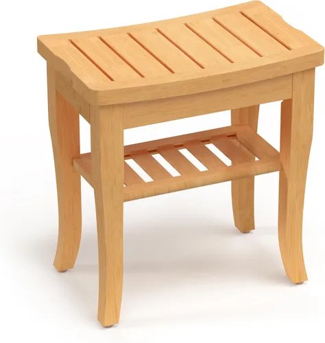 Vista 8 de Banco de ducha de bambú, taburete de ducha pequeño de spa para ducha interior, impermeable, asiento de baño con estante de almacenamiento para Negro