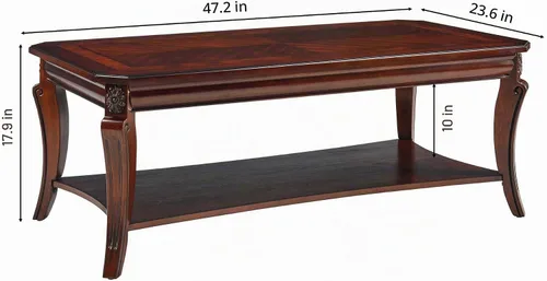 Vista 2 de Mesa auxiliar tradicional con estante de almacenamiento y patas talladas, mesas de sala de estar de granja, mesa central rectangular de madera