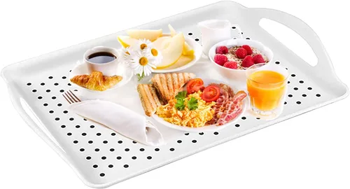 Vista 5 de Paquete de 4 bandejas antideslizantes para servir con asas, bandeja rectangular de silicona para comer, hogar, restaurante, blanco, 16.5 x 11.4 x