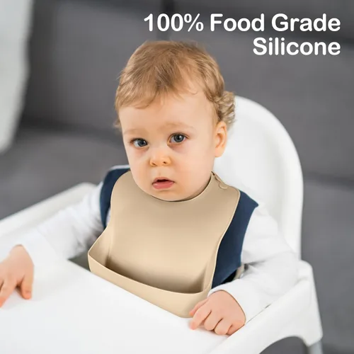 Vista 3 de Eascrozn Juego de 3 baberos de silicona para bebés y niños pequeños, sin BPA, suaves y ajustables impermeables para alimentos esenciales