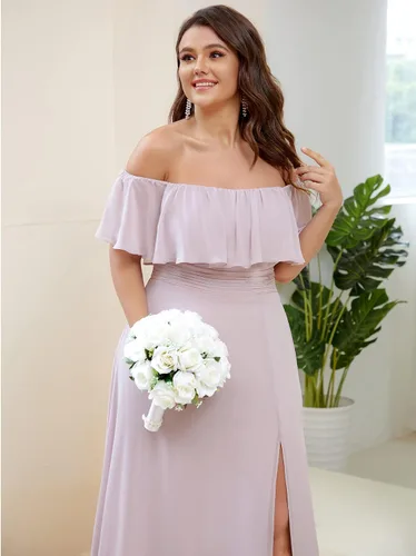 Vista 5 de Ever-Pretty Vestido formal de gasa con hombros descubiertos y mangas con volantes y abertura lateral para mujer 0968-PZUSA