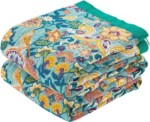 Vista 3 de Manta bohemia de muselina de algodón tejida con flores decorativas de 50 x A-verde