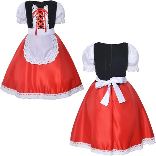 Vista 3 de Vestido rojo con capucha disfraz de Navidad para niñas con capa diadema bolsa 2-12 años