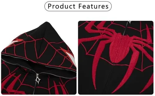 Vista 3 de Sudadera con capucha de Spider Hip Hop Spiderweb con cremallera completa, estilo punk