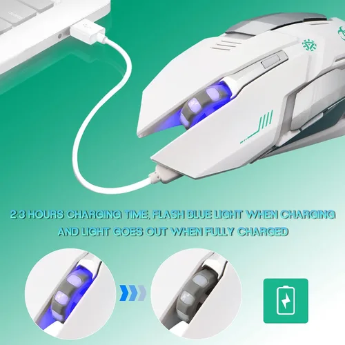Vista 2 de VEGCOO Ratón inalámbrico blanco para juegos, mouse inalámbrico de clic silencioso con 3 niveles DPI, mouse de computadora recargable con luces LED