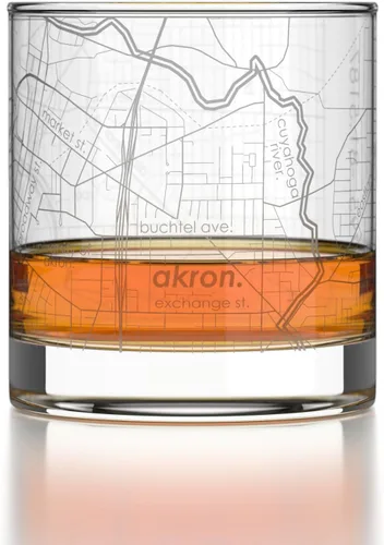 Vista 2 de Well Told Vaso de rocas grabado con mapa de Akron, Ohio, cristalería estilo antiguo (325ml, transparente) Vaso de bourbon grabado, regalos