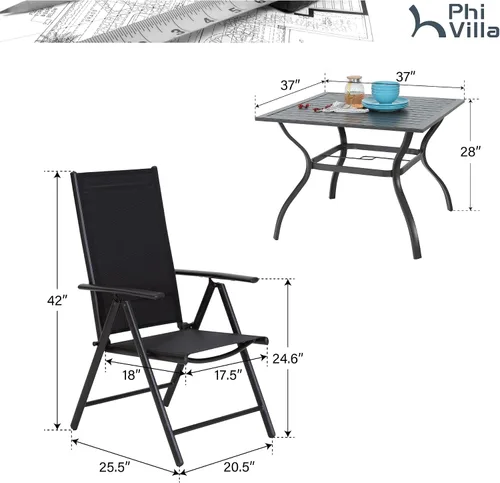 Vista 7 de PHI VILLA Juego de comedor al aire libre para 4, mesa de metal con sillas plegables, negro