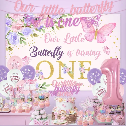 Vista 2 de Decoraciones de mariposa para el primer cumpleaños para niñas, rosa y morado con texto en inglés "Our Little Butterfly is Turning One, telón