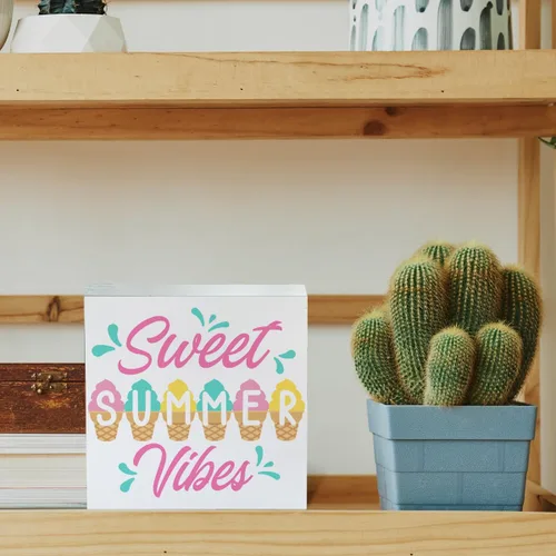 Vista 6 de Cartel de madera Sweet Summer Vibes de madera con bloque de madera de helado de verano, letrero decorativo para escritorio, decoración de estante A05