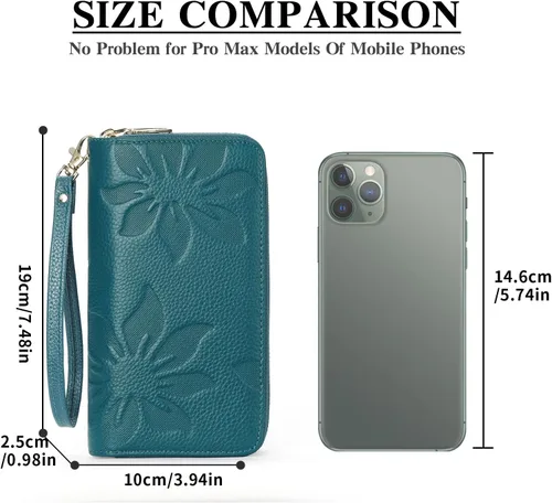 Vista 7 de GOIACII Cartera de mujer de gran capacidad con doble cremallera para mujer, soporte para teléfono con bloqueo RFID, correa de cuero, A02 Verde
