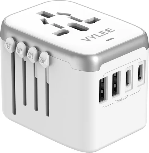 Vista 10 de VYLEE - Adaptador de viaje universal, adaptador de corriente internacional 5 en 1, cargador de pared 3.5A 2xUSB-A y 2 USB C, enchufe esencial