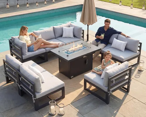 Vista 37 de BULEXYARD - Sofá modular de aluminio para exteriores con mesa para fogata, 7 piezas, color verde azulado