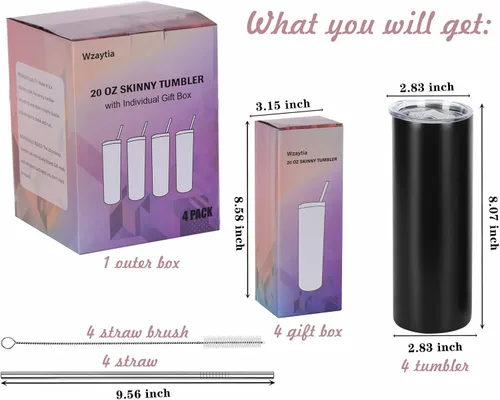 Vista 2 de Paquete de 4 vasos delgados de 20 onzas, juego de vasos delgados de acero inoxidable en caja de regalo individual, 20 onzas de capacidad, vaso
