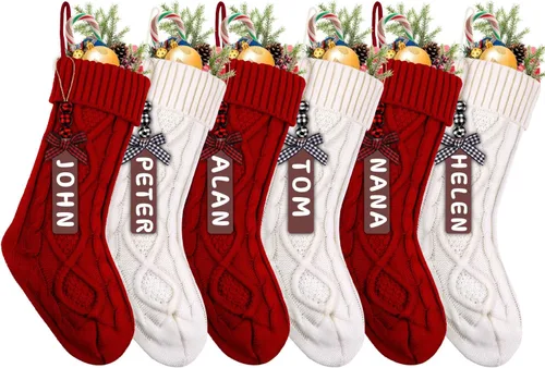 Vista 10 de XIMISHOP Paquete de 6 calcetines de Navidad, 18 pulgadas, calcetines grandes de punto trenzado personalizados para colgar en Navidad, decoraciones