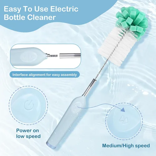 Vista 4 de Limpiador eléctrico de cepillo de botellas con soporte, limpiador automático recargable de botellas de agua con mango de extensión de acero
