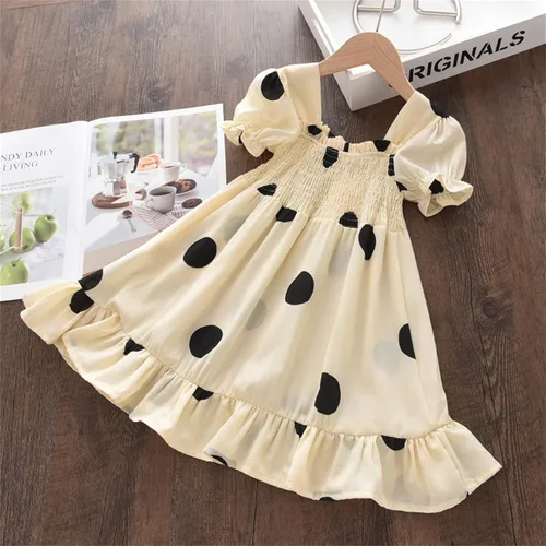 Vista 3 de Vestidos bebé Mangas de lunares Puff Fiesta de niños pequeños Volantes 1-7 años Niñas Princesa Niñito Vintage (Beige, 4-5 años)