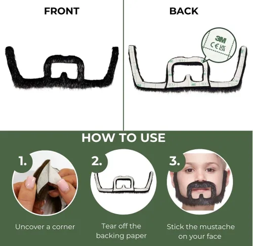 Vista 6 de Mustaches Barba falsa autoadhesiva para niños, novedosa, pequeño pelo facial falso, accesorio de disfraz para niños, color negro brillante
