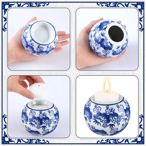 Vista 4 de Soaoo Paquete de 2 Portavelas Azules y Blancos Decoración Chinoiserie Portavelas de Porcelana para Velas de Té Portavelas Votivos para Vacaciones