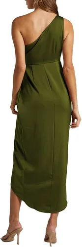 Vista 2 de LYANER - Vestido con diseño fruncido de un hombro descubierto para mujer, sin mangas, con abertura lateral, dobladillo cruzado y cremallera
