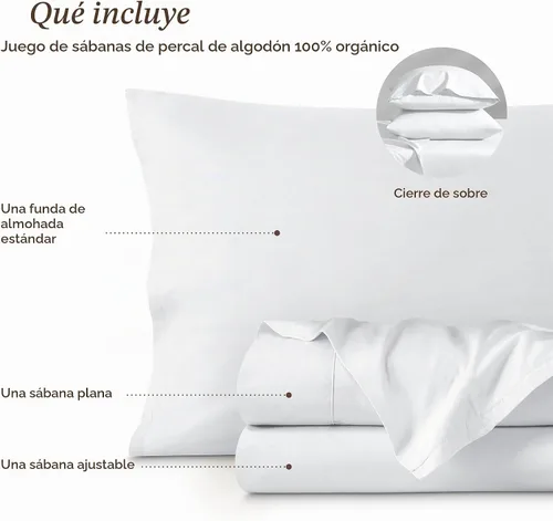 Vista 8 de Bare Home Juego de sábanas percal 100% algodón orgánico (individual, blanco)