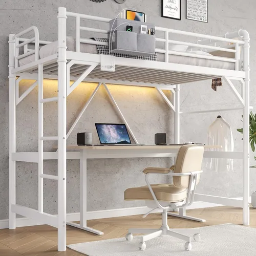 Vista 11 de Cama tipo loft tamaño Twin con luces LED y estación de carga, marco de cama loft de metal industrial de servicio pesado con escalera y barandilla