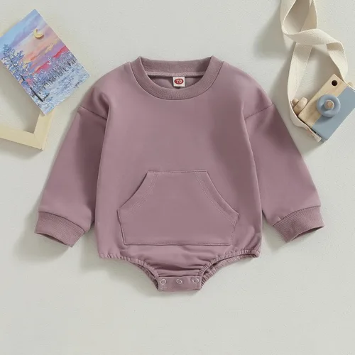 Vista 2 de Mameluco de manga larga con bloques de color para bebé, niño, niña, con bolsillo, cuello redondo, sudadera básica para otoño e invierno