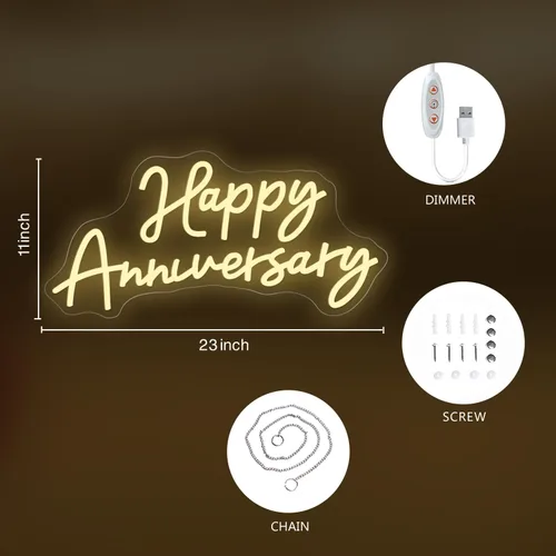 Vista 4 de Cartel grande de feliz aniversario con luces LED de neón para decoración de pared de 23 x 11 pulgadas, para esposa, marido, padres, boda, feliz