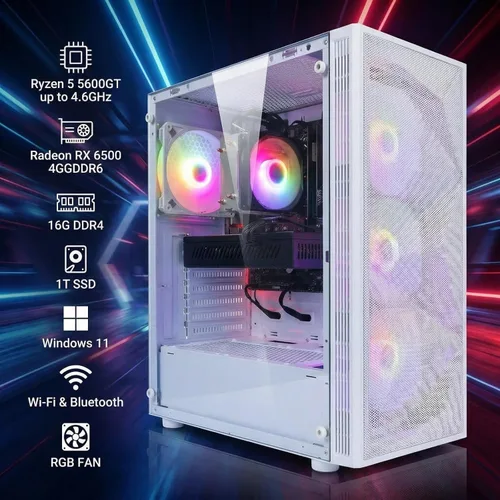 Vista 2 de STGAubron Computadora de Escritorio Gaming PC, AMD Ryzen 5 5600GT hasta 4.6G, Radeon RX 6500 4G, 16G DDR4, 1T SSD, WiFi 6 y BT 5.2, Ventilador RGB