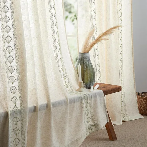 Vista 7 de Cortinas modernas de lino de 96 pulgadas de largo, 2 paneles de cortinas semitransparentes bordadas para sala de estar, cortinas filtrantes de luz