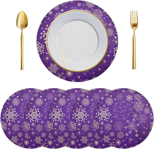 Vista 12 de Juego de 6 manteles individuales redondos, copos de nieve sobre rojo oscuro, resistentes al calor, para mesa de comedor, decoración de Navidad