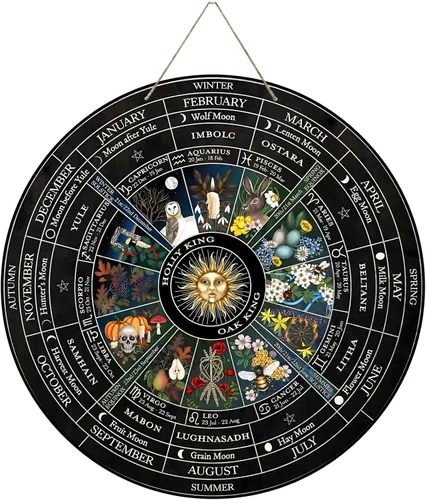Vista 8 de Rueda del Año - Placa de madera de 30 cm, símbolos paganos de Sabbats, runas de brujas, tabla grabada en madera, vacaciones wiccanas, calendario