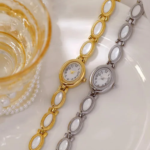 Vista 6 de ADSBIAOYE Elegante reloj de perlas para mujer, reloj de vestir con esfera ovalada, regalo, reloj impermeable para mujer 01 Oro blanco