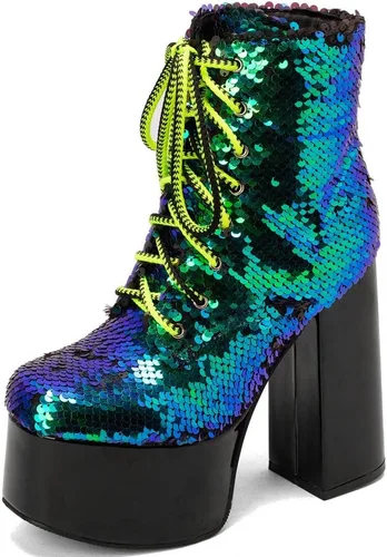 Vista 9 de Caradise Glitter Sparkly Platform Boots Sequin High Heeled Combat Boots Lace Up Chunky High Heel Ankle Boots 5.5 in-oro