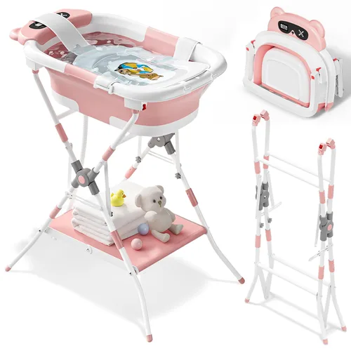 Vista 18 de AVIDOR Bañera de bebé 2 en 1 con soporte para recién nacidos y bebés, bañera plegable para bebés, regalos de baby shower para nuevos padres, gris