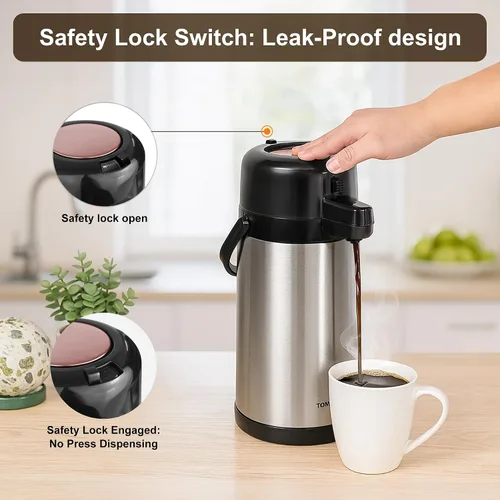 Vista 5 de Airpot - Jarra de café para mantener el calor, dispensador de café térmico de 102 oz/3 litros con bomba, dispensador de bebidas calientes de acero