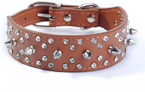 Vista 4 de Collar de perro de piel sintética con diamantes de imitación, suave y ajustable para perros medianos y grandes (S, negro)