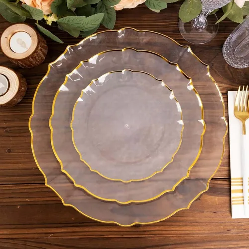 Vista 9 de Efavormart - Paquete de 10 platos de postre de plástico transparente con girasol con borde festoneado dorado, platos redondos desechables para Claro