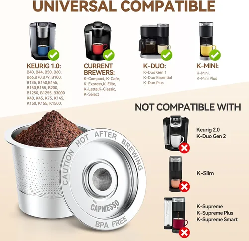 Vista 3 de CAPMESSO Cápsulas K reutilizables para Keurig 1.0: Cápsula de café de acero inoxidable metálica recargable K Cup - Filtros de café universales