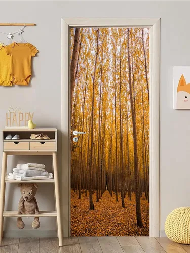 Vista 4 de artfanke Murales 3D de bosque caducifolio amarillo para puerta, 30.3 x 78.7 pulgadas, calcomanías autoadhesivas para puerta, póster de bricolaje